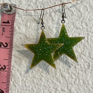 Green Glitter Star Dangly Earrings